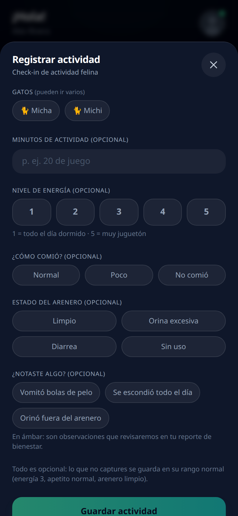 Check-in rápido de actividad felina