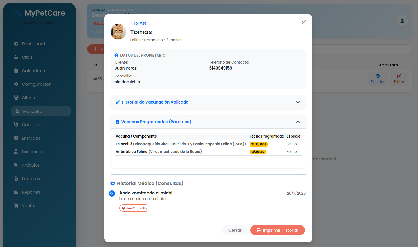 Historial clínico de mascotas